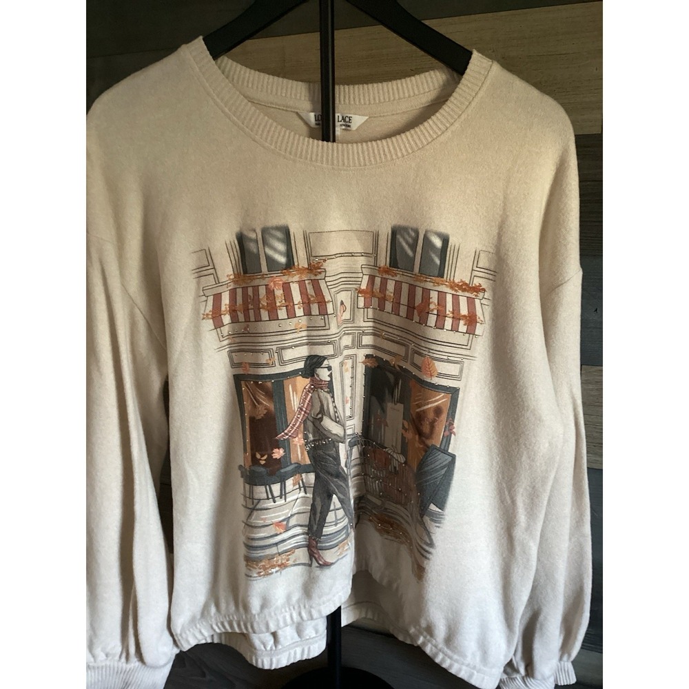 Love and Lace Womens Large Beige Paris Autumn Cafe Scene Graphic Sweatshirt